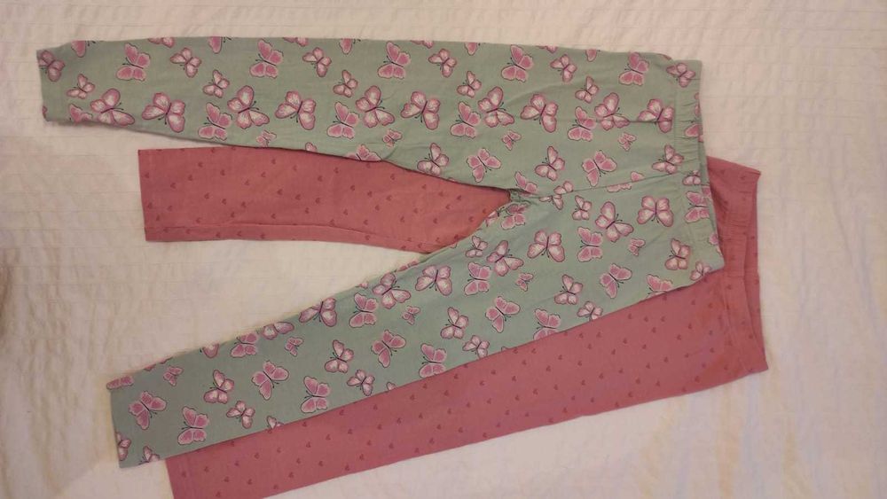 2 perechi pantaloni fete imprimeu roz inimioare/vernil cu fluturi 128