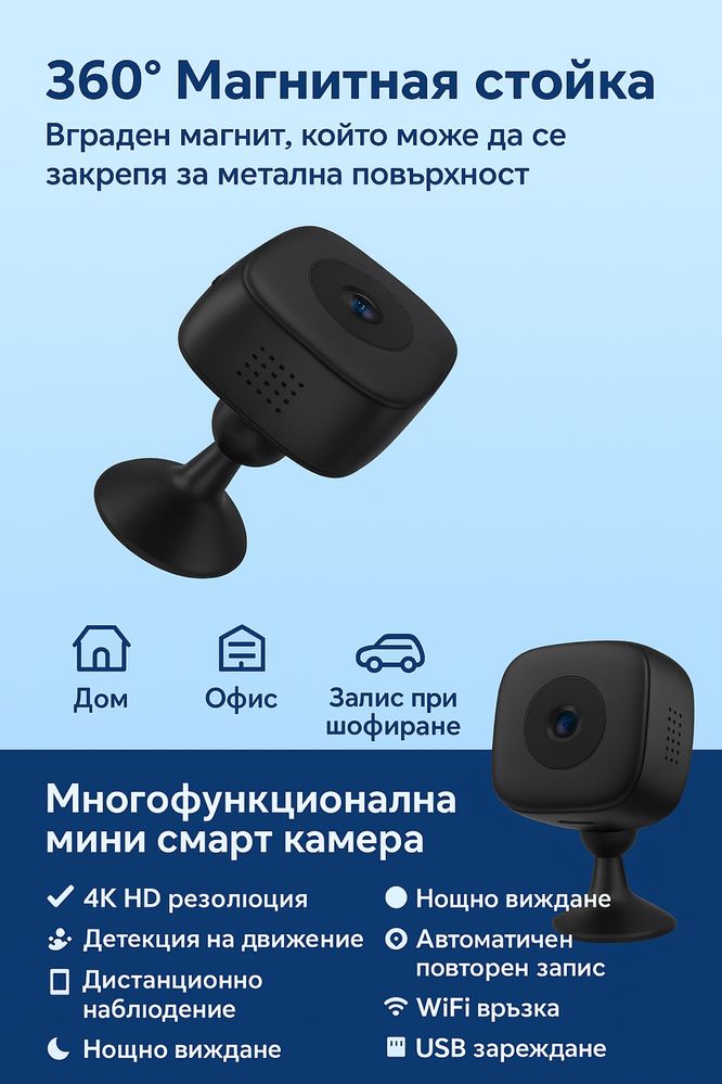 Мини смарт камера с 360° магнитна стойка – 4K