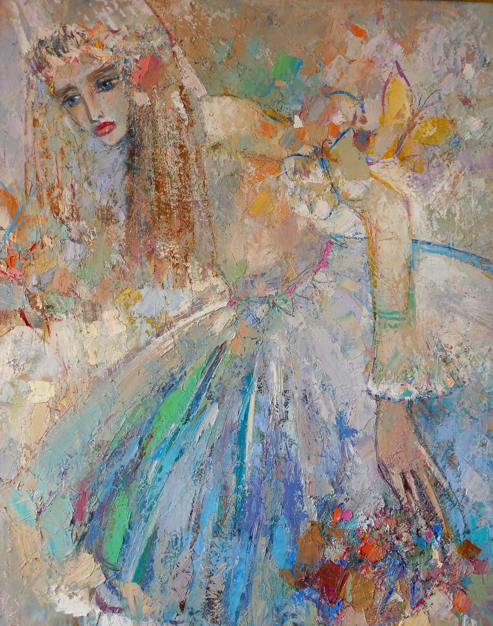 Картина маслени бои на платно "Момиче със забравени цветя", 80 х 80 см