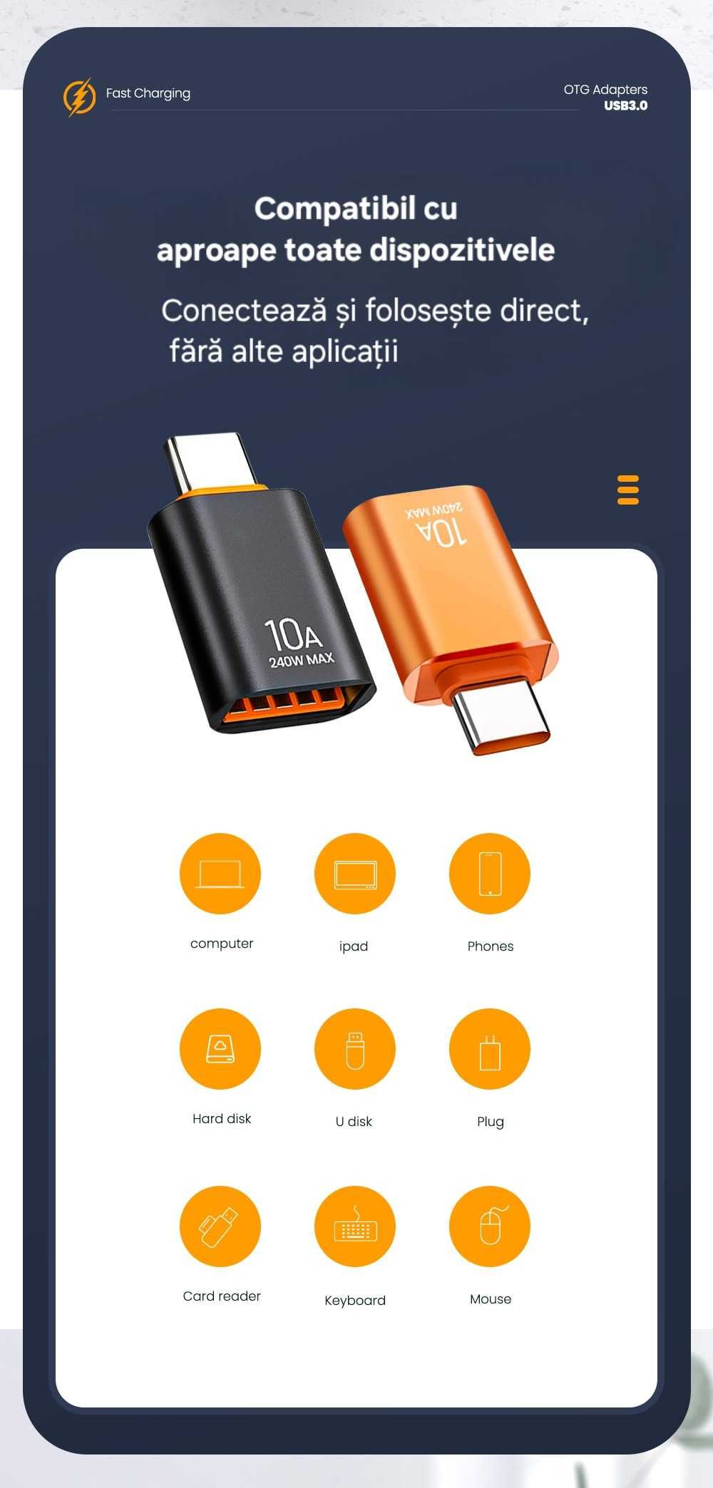 Set 3buc adaptor USB la TipC. Transfer fulger: 10Gbps. Fast charge.