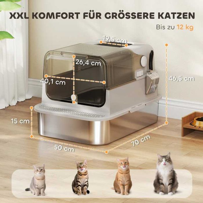 PawHut XXL котешка тоалетна за котки от неръждаема стомана  до 12 кг