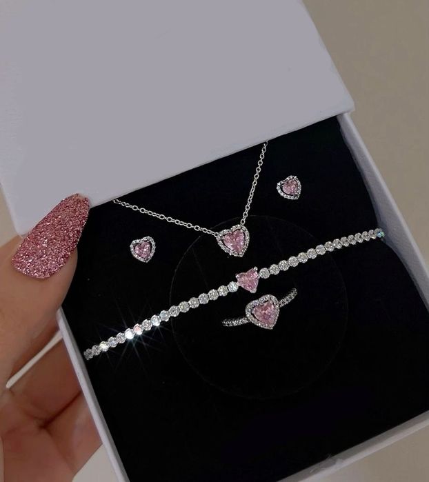 Set Pandora argint colier cercei inel+cutie trandafiri parfumati dupe