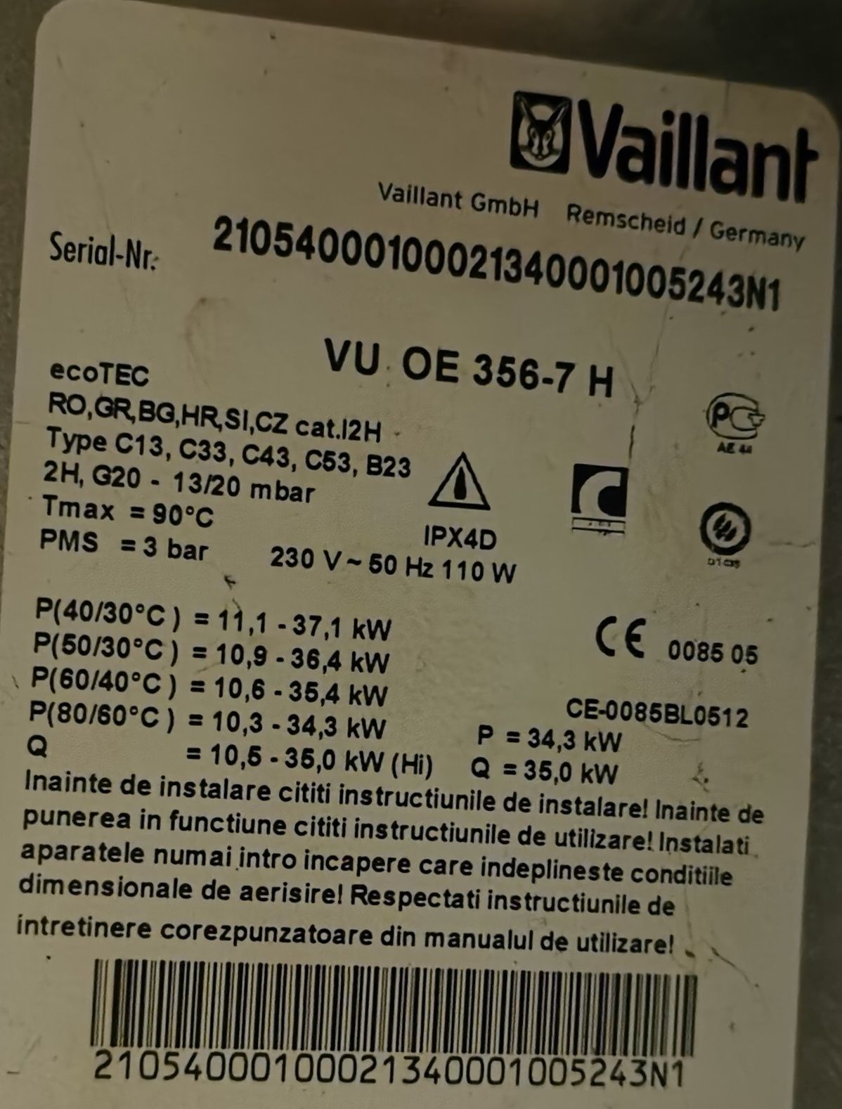 Centrala Vaillant vu oe 356-7 in condensatie