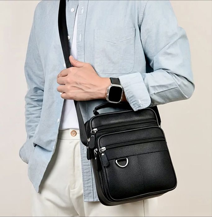 -20%Промоция•Елегантна и практична мъжка чанта с ринг/Черна ест. кожа!