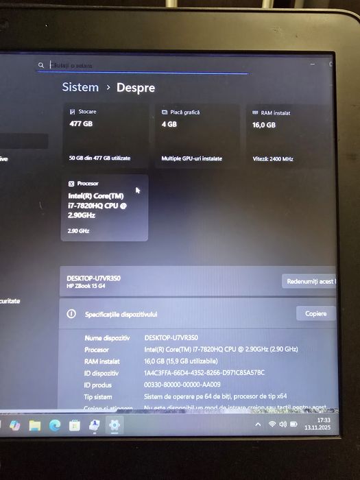 Laptop Gaming HP Zbook 15 G4, i7-7820HQ, ram 16gb, ssd 512gb,