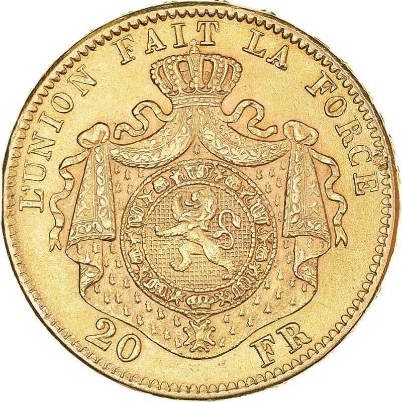 Monedă istorica din Aur - 20 Franci Leopold al II-lea Belgia 6.45 g