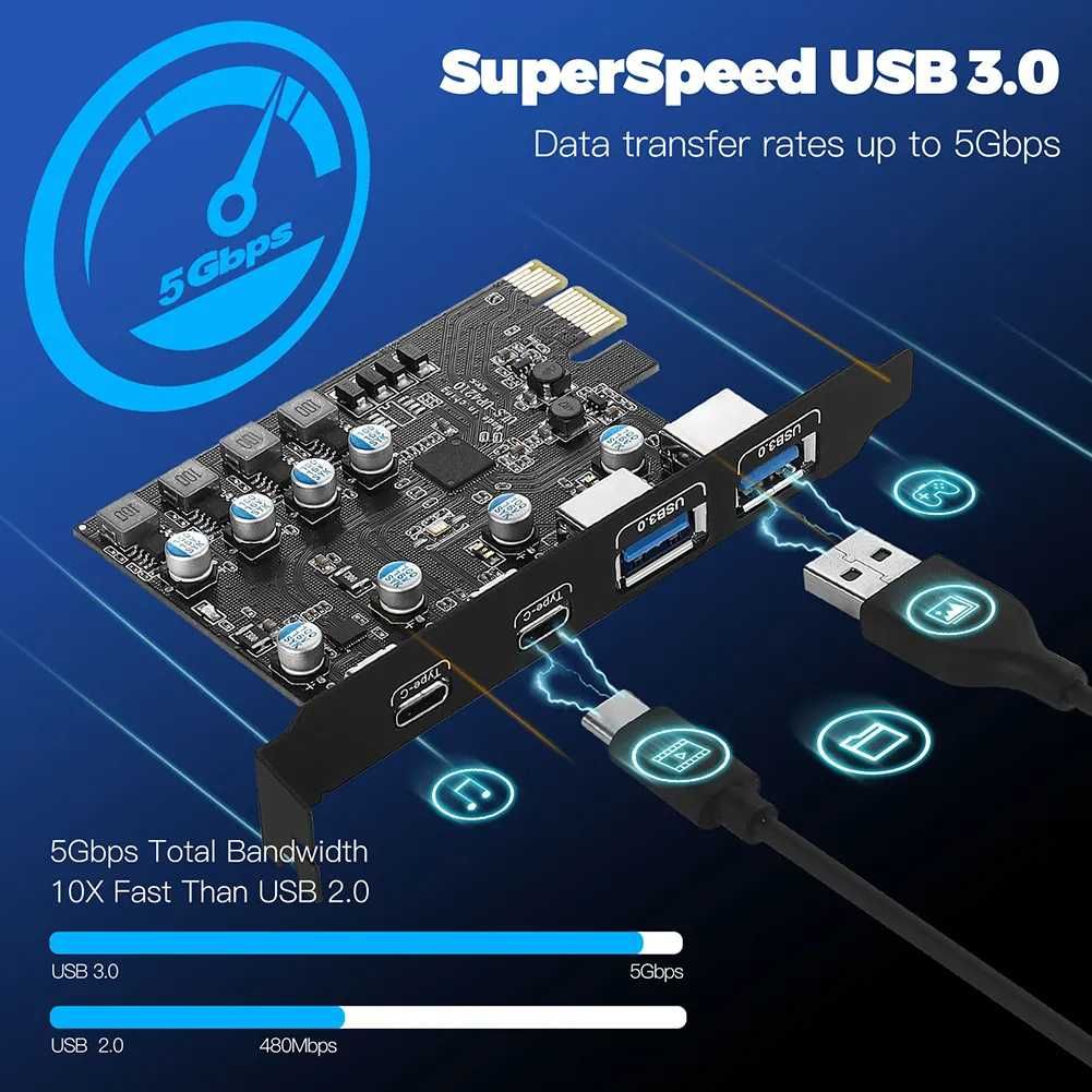 PCI Карта USB 3.2 Gen 1 Type C и USB 3.0 без доп. захранване
