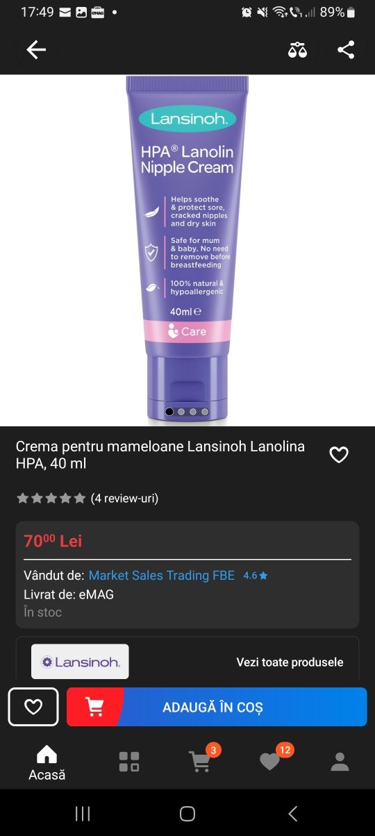 Crema mameloane lansinoh și tampoane sani