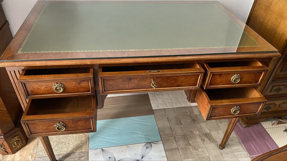 Birou Vintage Piele Lemn Masiv Bronz Sticla