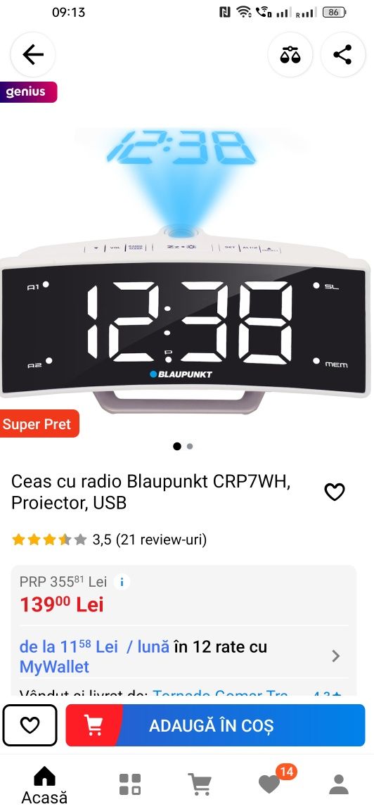 Ceas cu radio Blaupunkt CRP7WH, Proiector, încărcător USB