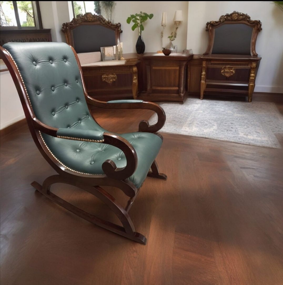 Balansoar Chesterfield lemn masiv piele naturala (leagan,fotoliu,scaun