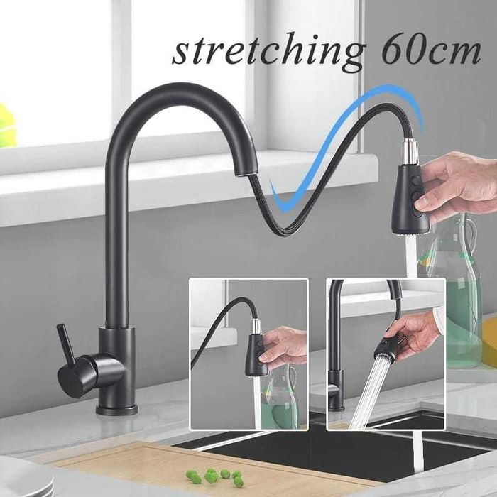 Baterie de bucatarie, cu dus flexibil, 2 functii de curgere, negru mat