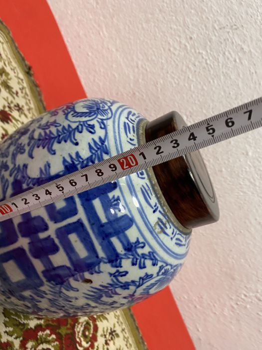 Китайски буркан Double Happiness синьо бял винтидж 1900 г