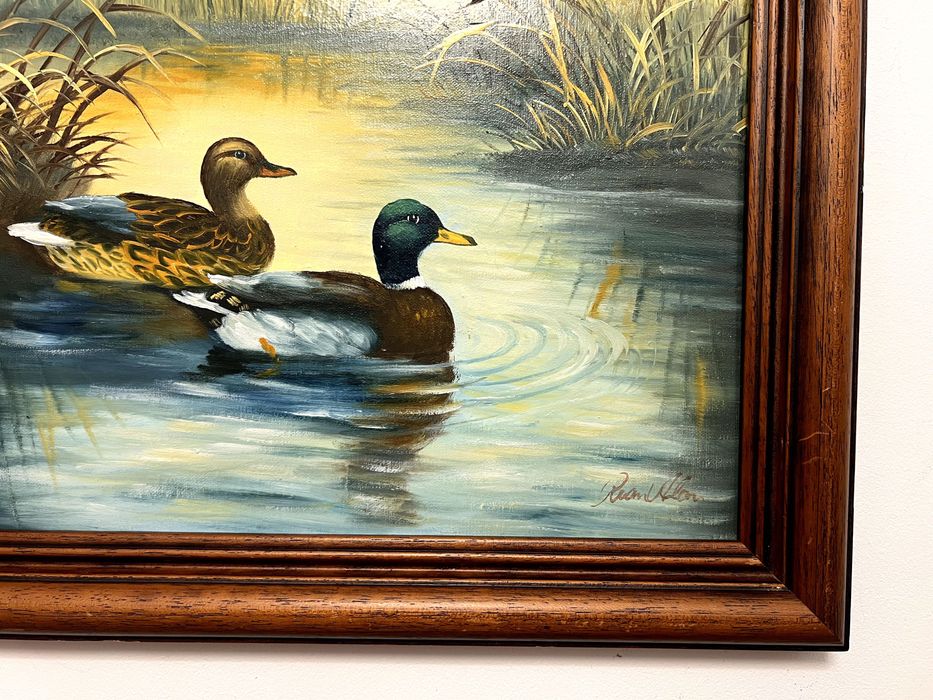 Pictura in ulei pe pânză ce reprezinta  un peisaj liniștit de lac