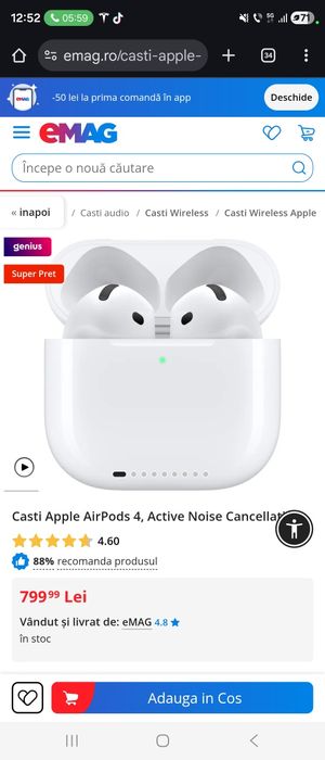 Casti Apple AirPods 4, Active Noise Cancellation