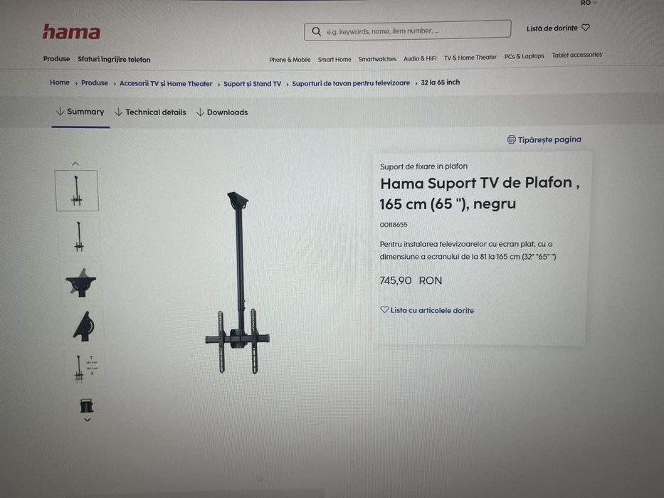 Suport TV de plafon Hama 118655 81-165cm (32”-65’’) NOU!