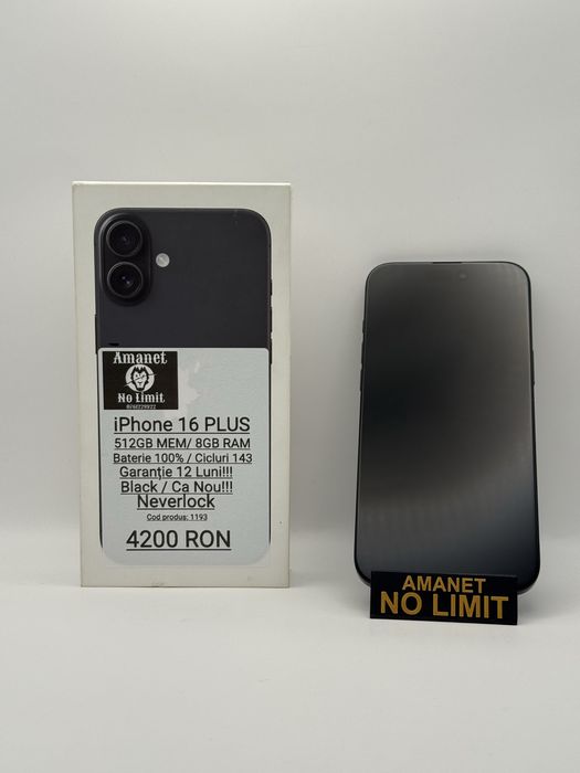 iPhone 16 Plus Black 512GB Baterie 100% Cicluri 141 , Garantie 12 Luni