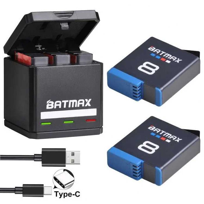 Set 2 acumulatori 1680mAh + incarcator triplu USB-C pt GoPro Hero 8