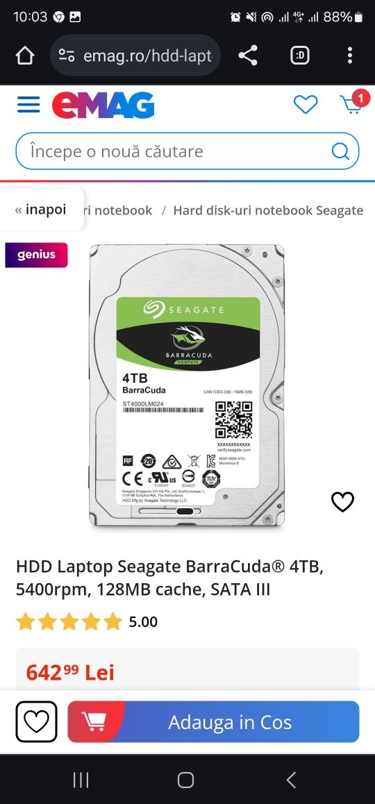 HDD Laptop Seagate BarraCuda® 4TB (nou)