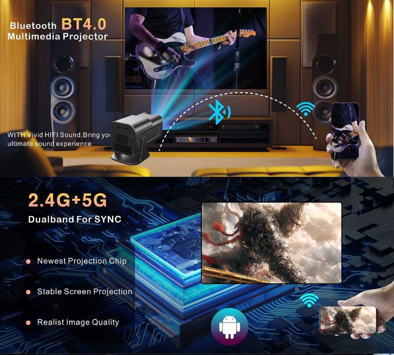 Portable projector for home theater, 1080p smart HD 4K