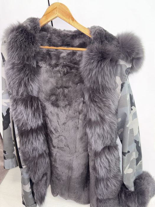 Geaca iarna  de blana naturala vulpe model camuflaj gri