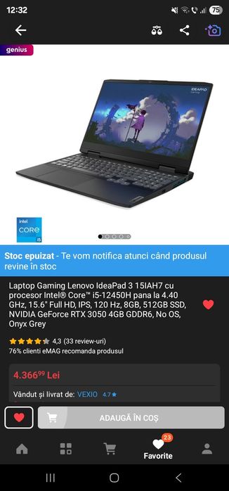 Laptop Gaming Lenovo IdeaPad 3 15IAH7 / garanție