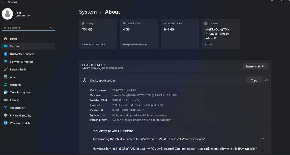 Laptop Gaming ASUS TUF F15 FX506LI, I7 10th, 16GB, SSD, HDD, 1650ti
