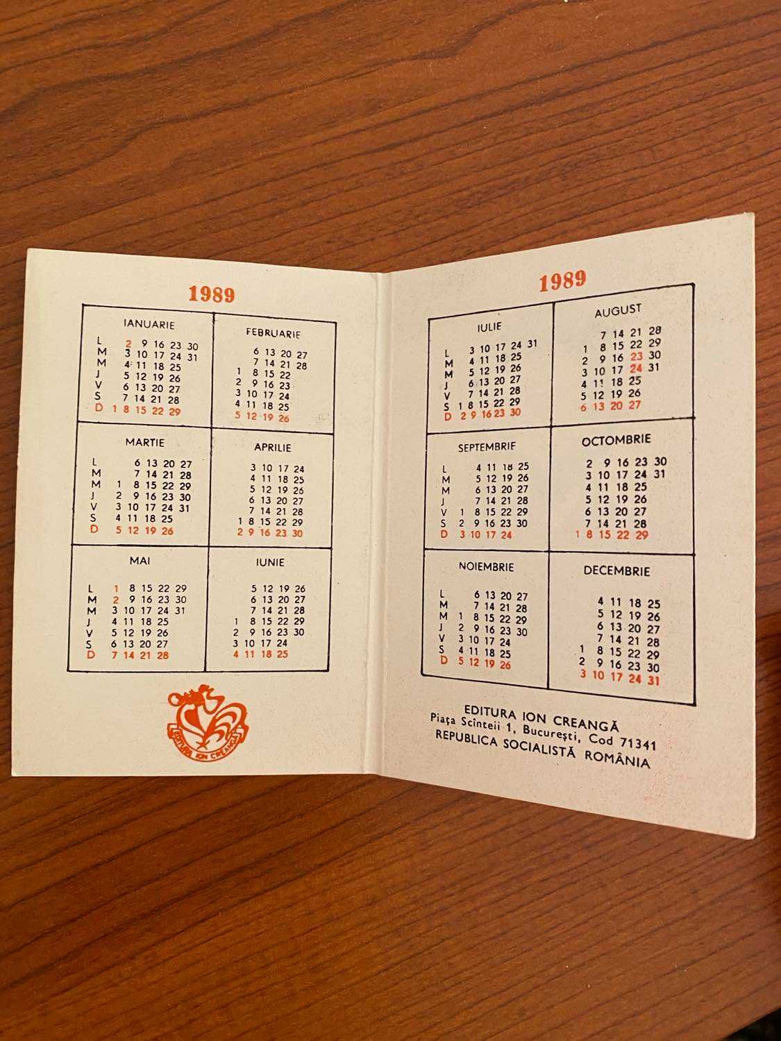 Raritate Calendar de buzunar 1989 Editura Ion Creangă