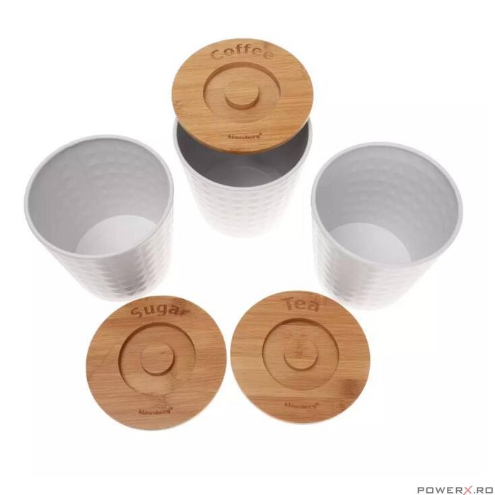 Recipiente pentru cafea, ceai, zahar, din inox-bambus, albe reliefate,