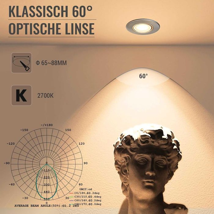 Комплект от 6 LED лунички за вграждане, димируеми, 10W, 2700K