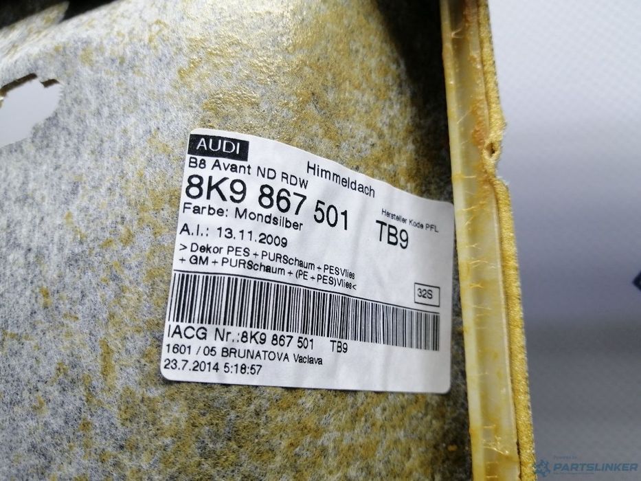 Plafon textil AUDI A4 IV Avant (8K5, B8) [ 2007 - 2015 ] TDI (CJCD, CMFB, CSUA) 110KW|150HP OEM 8K9867501