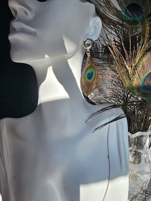 Ръчно изработени, регулируеми гривна и пръстен и обеци с паунови пера,