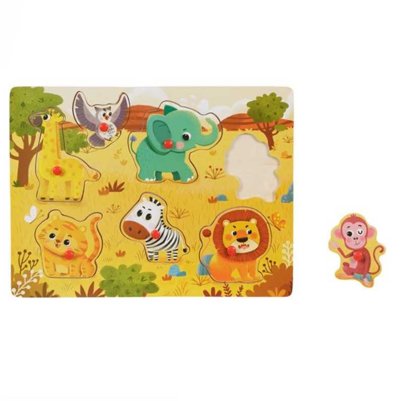 Puzzle educativ din lemn, 7 Animale salbatice, 33x22 cm, 1 an +