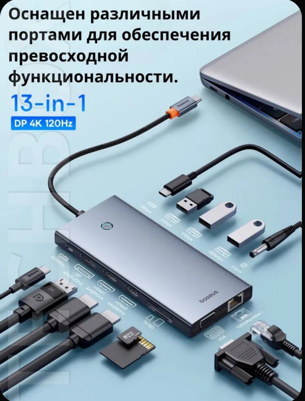Baseus Hub 13 в 1 Hdmi 8k 30Hz 4k 60Hz RJ45 Usb 3.1