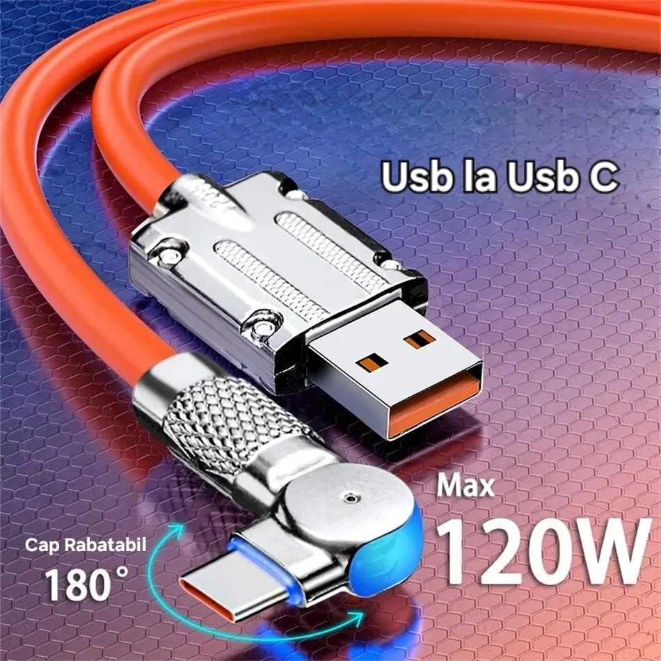 Cablu 120w. Rabatabil 180°. USB C, 1m. Imposibil de rupt. Silicon.