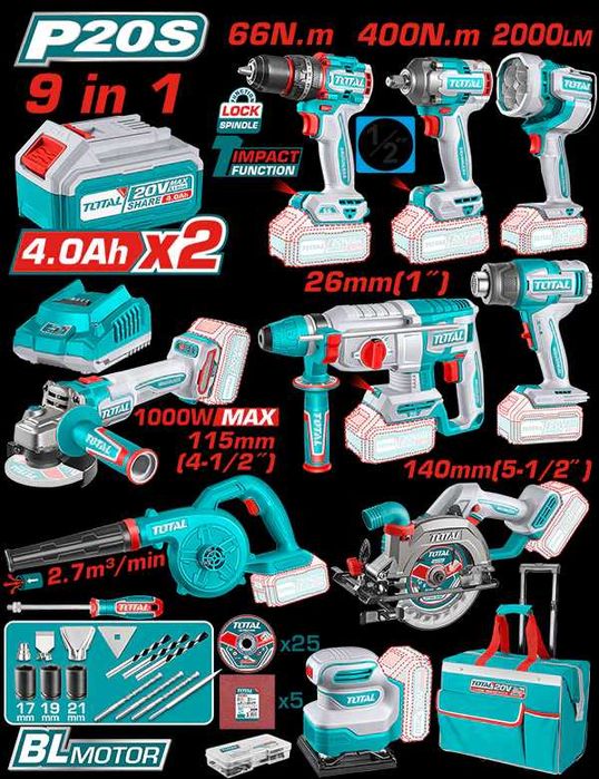 TOTAL - KIT COMBO 20V tot setul de scule pe acumulator ,pret bun