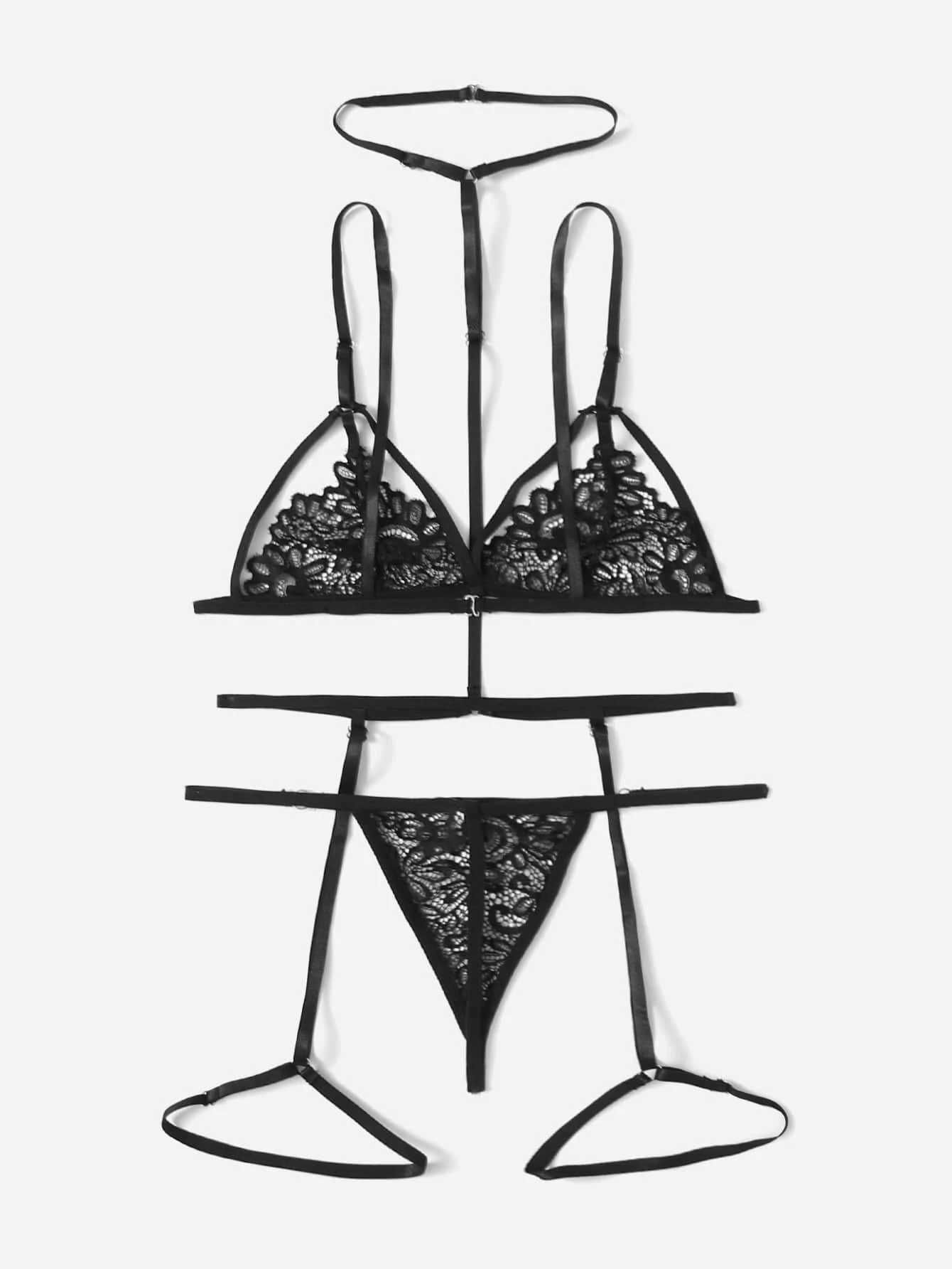 Set lenjerie sexy cu dantela si body harness (chocker + portjartier)