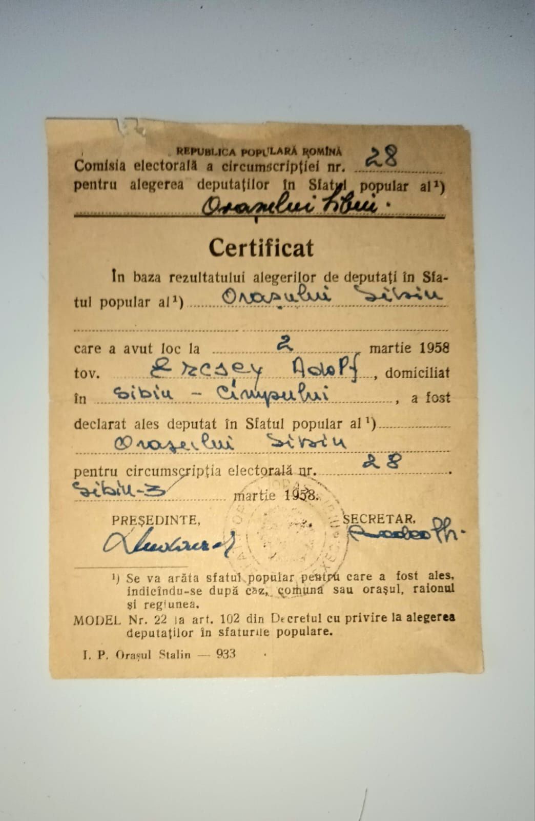 Acte vechi Certificat Deputat ales 1958 RPR Sibiu, colecție,decor