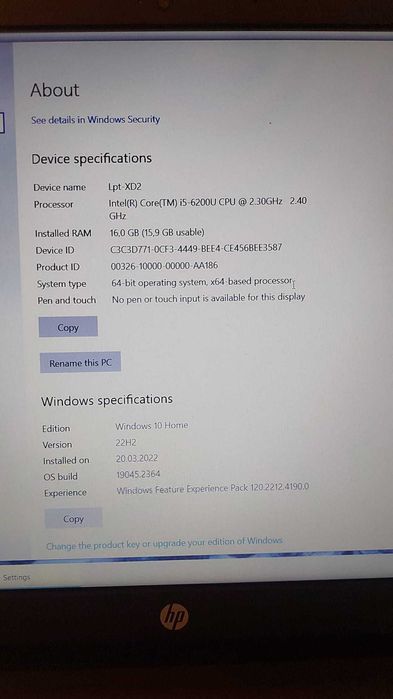 Laptop  HP 250 G5, Intel i5,  16 Gb Ram,   256 Gb Ssd