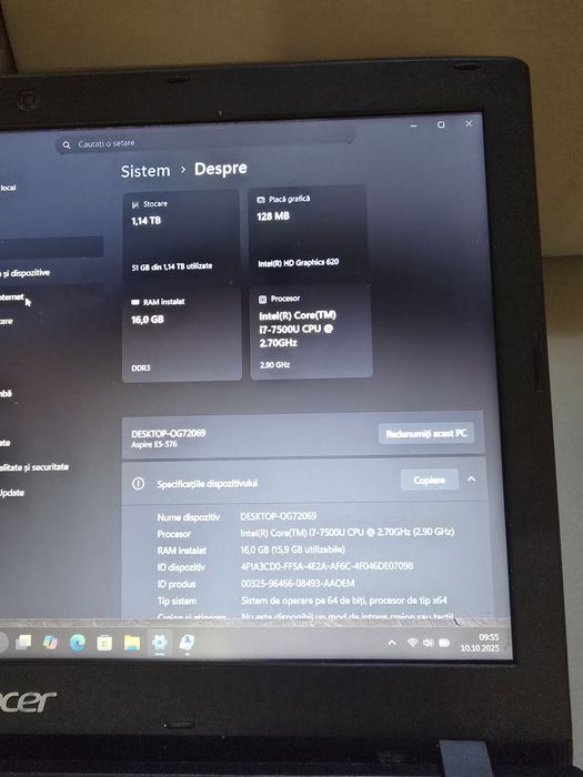 Laptop Acer E5 576, i7-7500, ram 16gb, ssd 256gb si hard 1tb, bat 2 or
