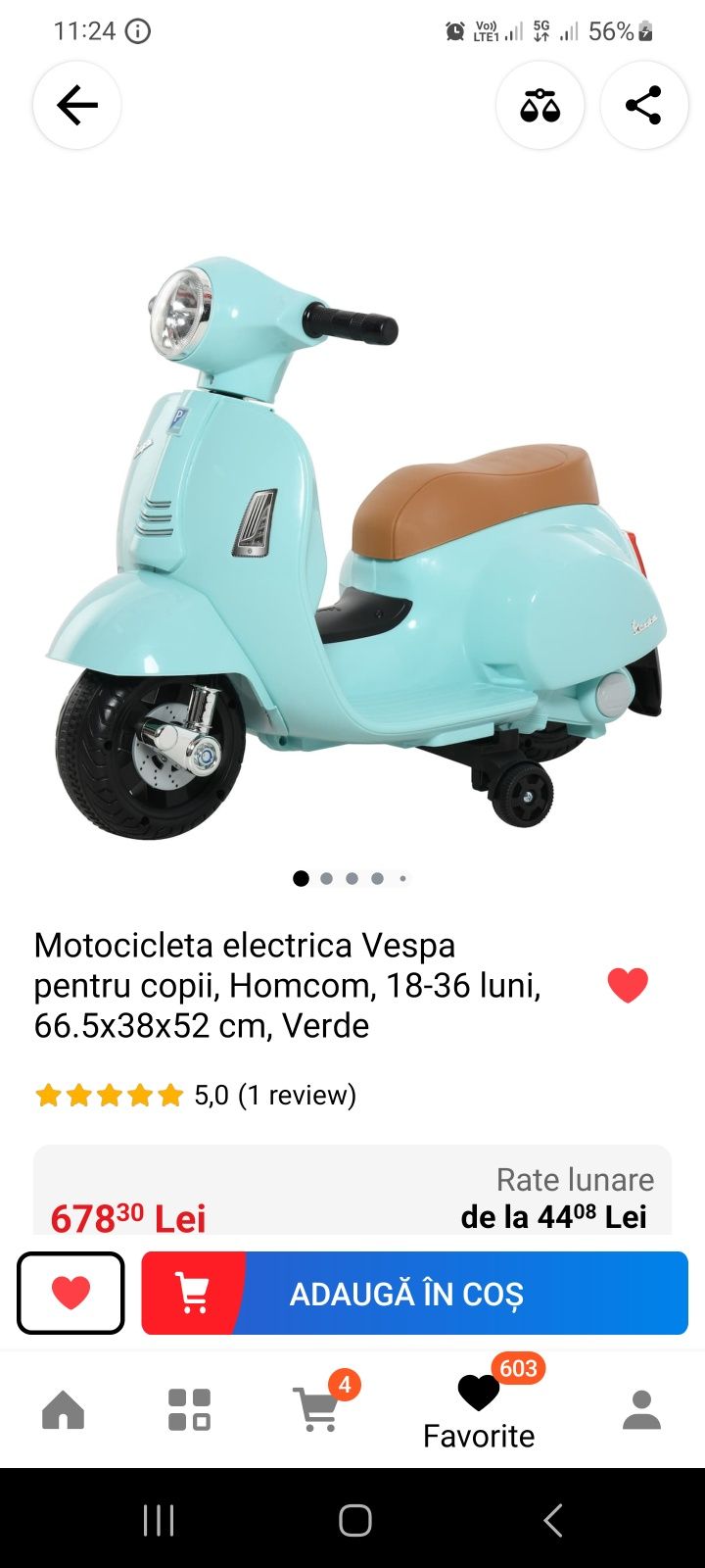 Motocicleta electrica Vespa pentru copii, Homcom, 18-36 luni, 66.5x38x