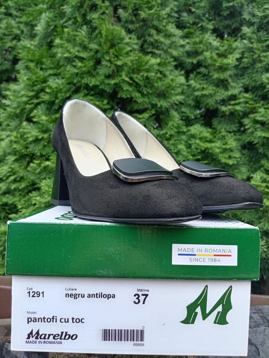 Pantofi negri damă piele antilopă Marelbo, nr. 37, toc 7,5 cm, 200 lei