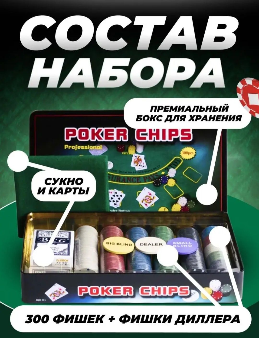 Покерный набор на 300 фишек. Poker chips + сукно , 2 колоды карт