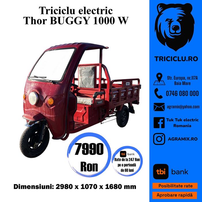 Triciclu electric Tuk Tuk Thor Buggy cu cabina Agramix nou