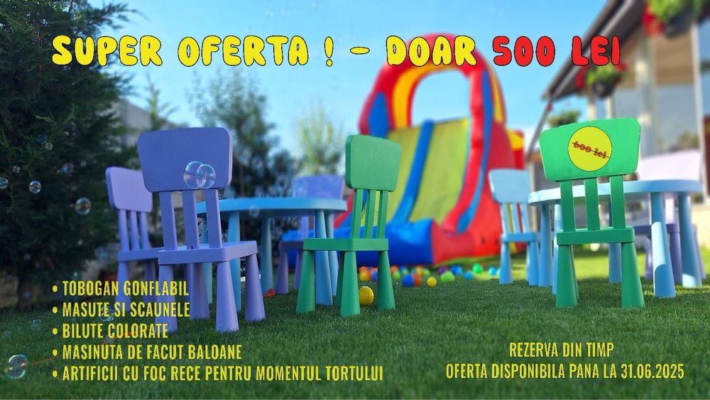 Tobogan gonflabil, animator, baloane - petreceri copii, curte, grădină