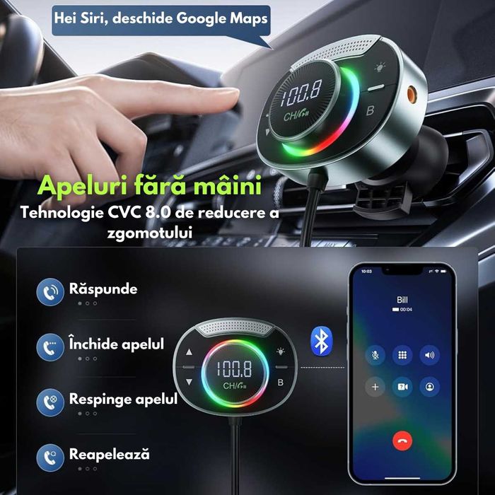 Modulator FM Auto Bluetooth 5.3 | Incarcare Rapida 48W,Microfon HD,RGB