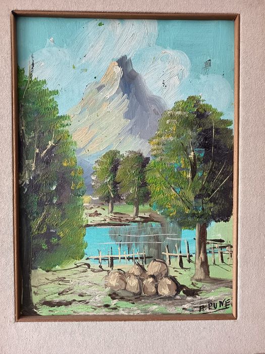 Tablou Vechi Deosebit Peisaj Pictat/Semnat Rama Din Lemn