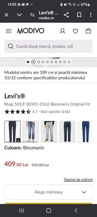 Blugi originali Levi's,albastru indigo, W 29/L 34,noi.Super pret