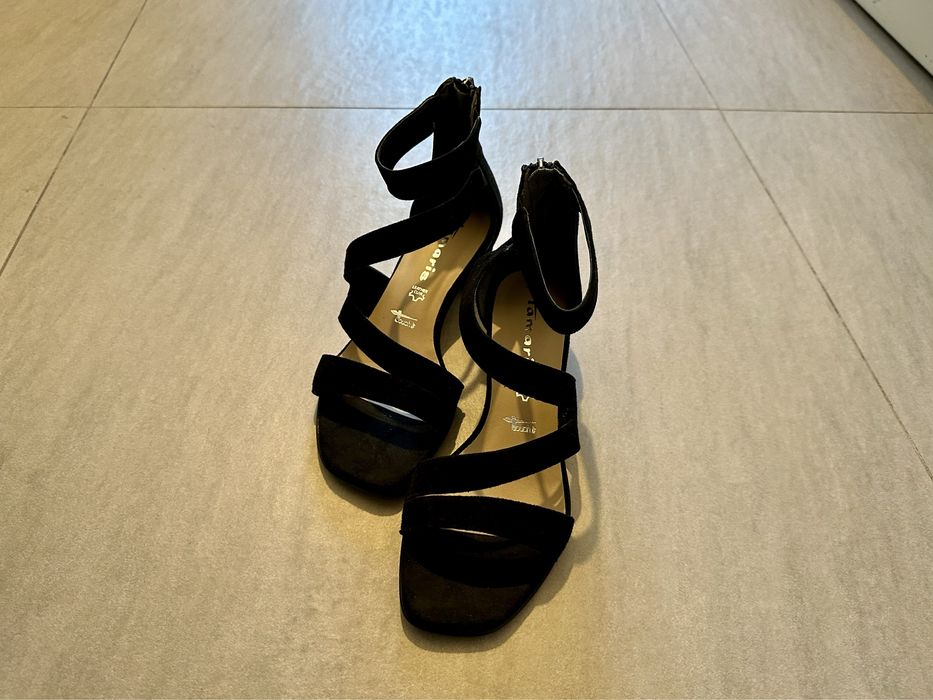 Sandale piele întoarsă, baretă pe gleznă, Tamaris, negru, 36 (37 real)