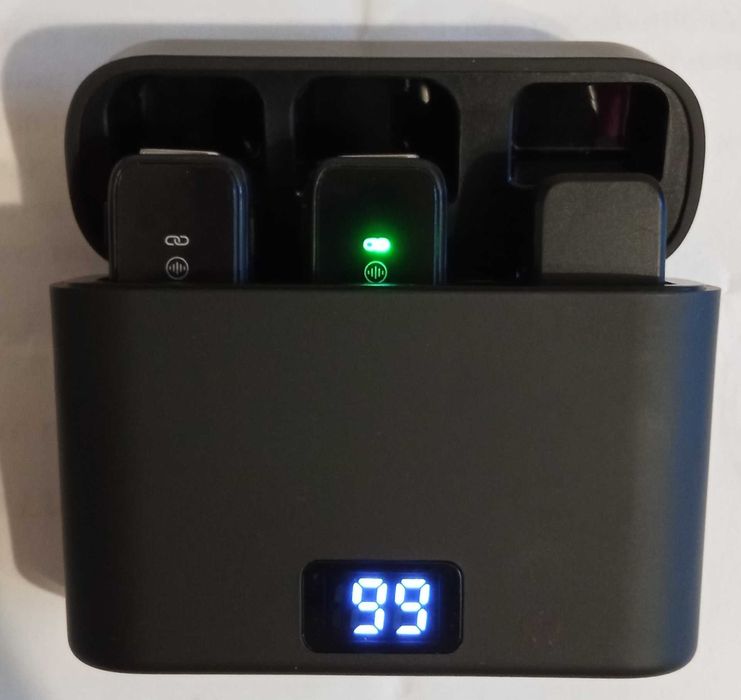 Комплект 2 безжични микрофона със зарядна кутия, за смартфон и др.